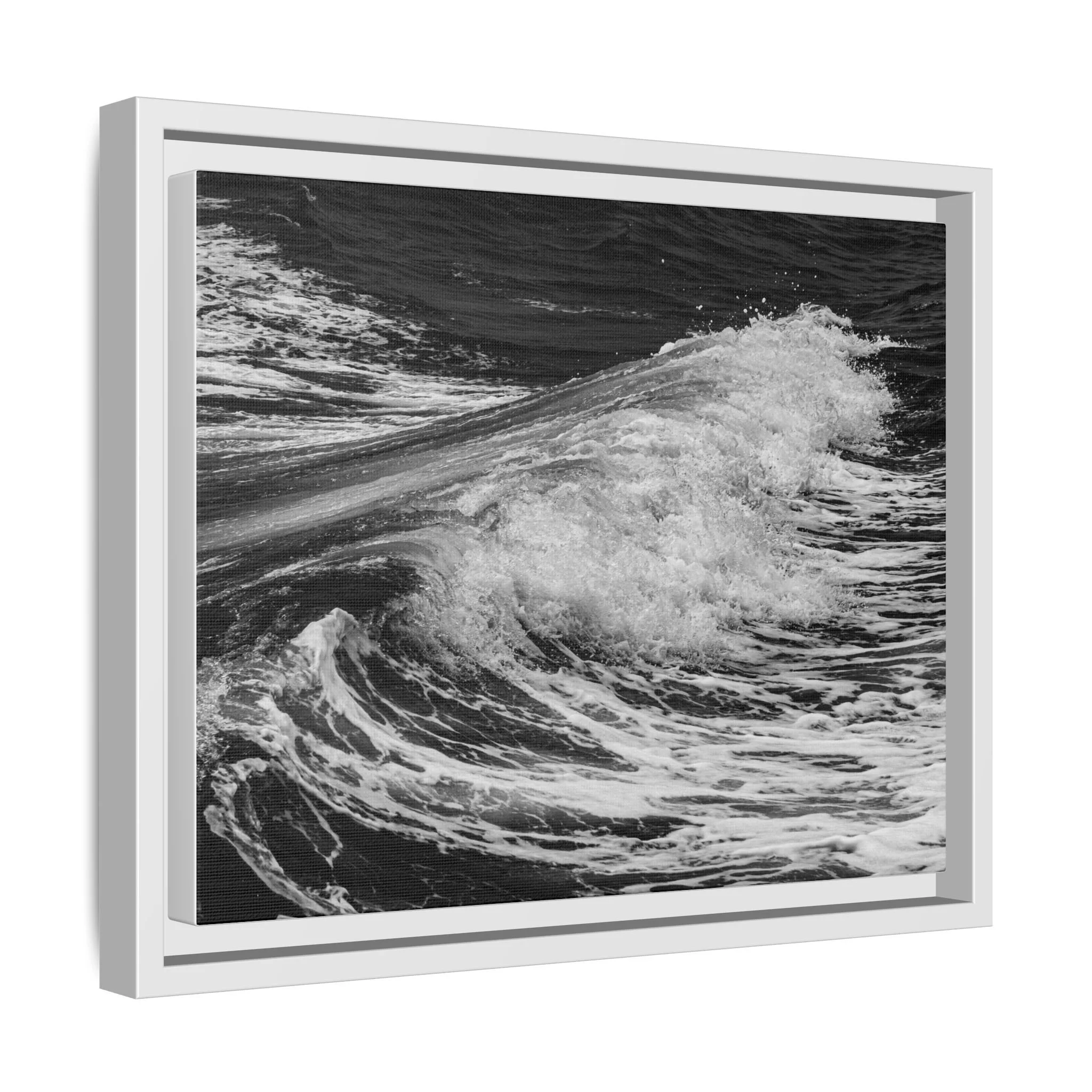 Minimalist framed canvas featuring monochrome ocean wave motion from Maui
