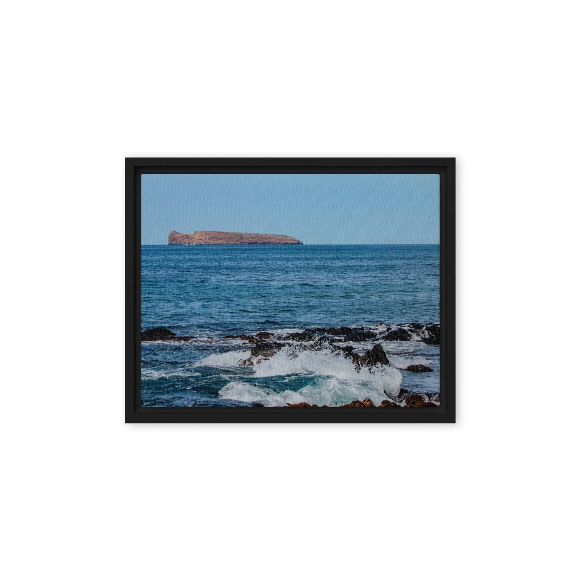 coastal framed canvas wall art with blue ocean water and lava shoreline photographed in Makena Maui Hawaii