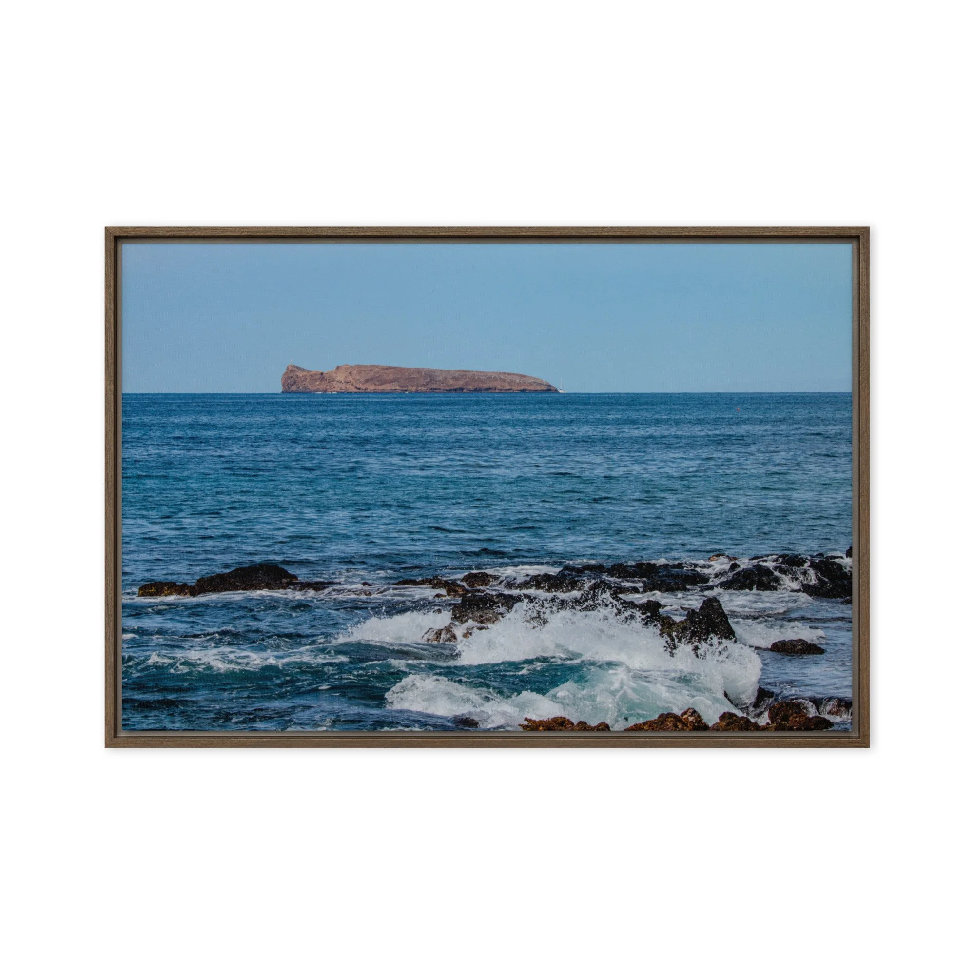 Maui coastal framed canvas print featuring shoreline waves, lava rocks, and open ocean scenery near Makena Beach