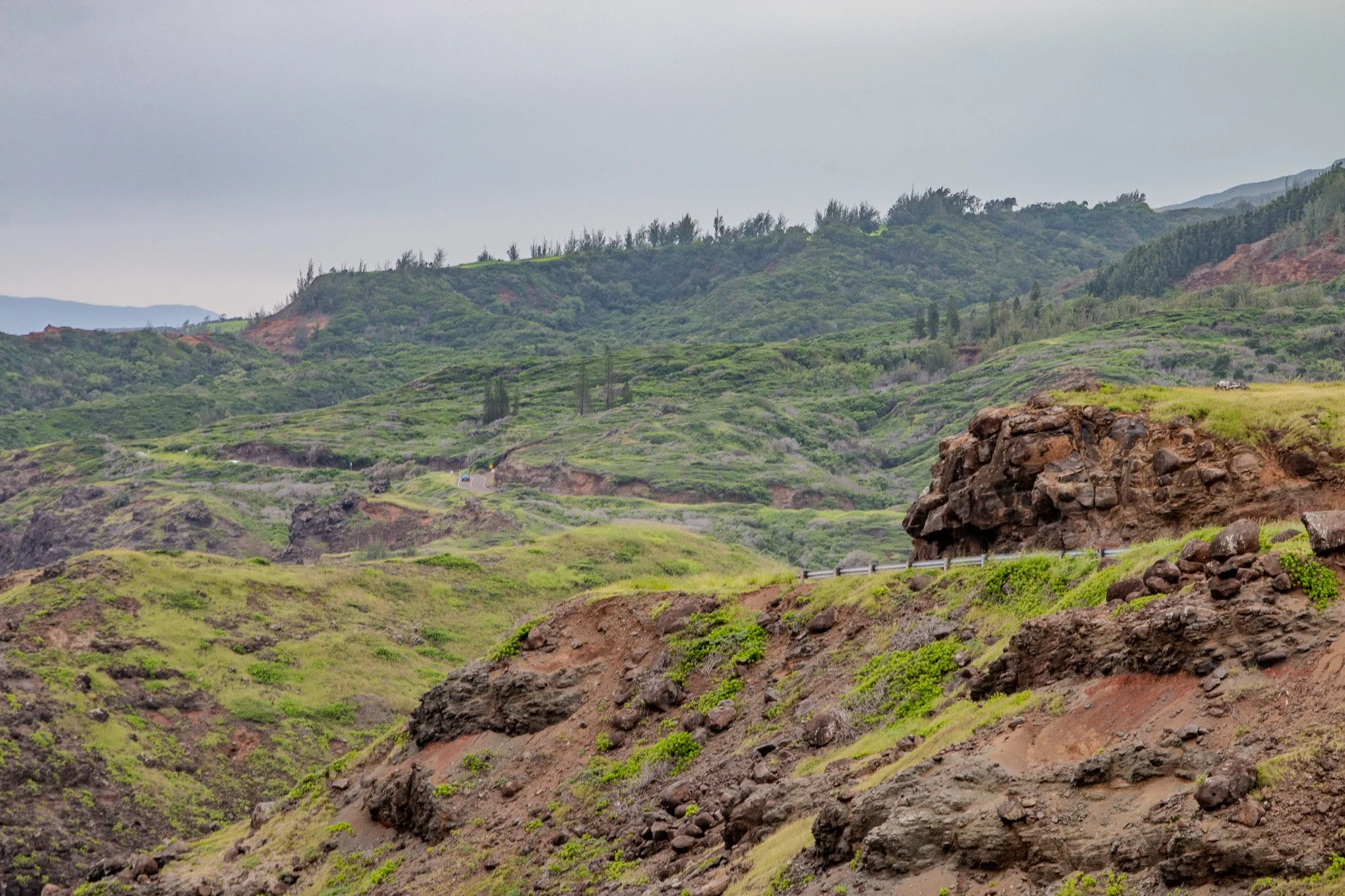 A landscape of rolling green hills with patches of exposed reddish-brown soil and rocky outcroppings under an overcast sky.