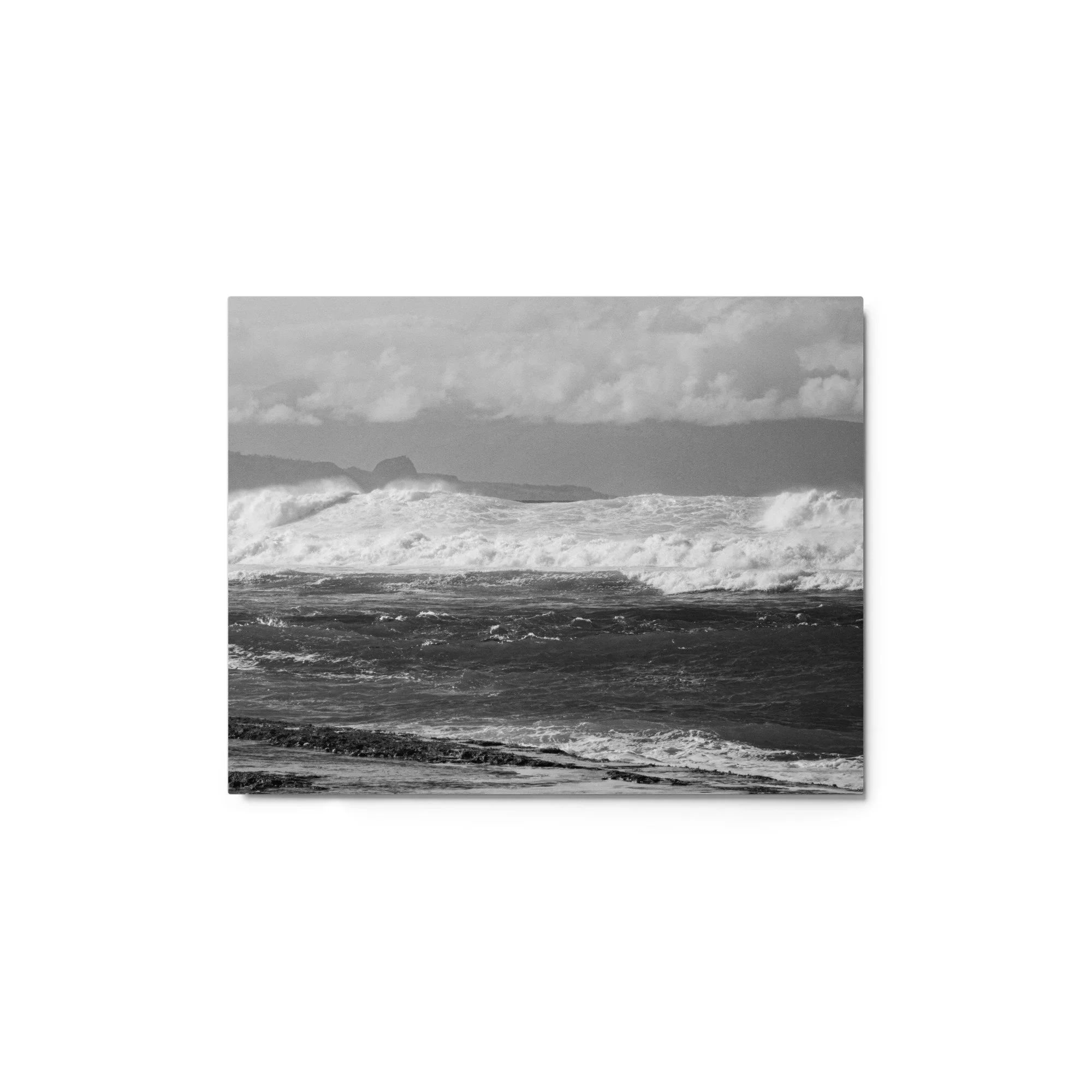 Black and white wave metal wall art featuring a breaking Maui ocean wave with high contrast and texture for modern coastal decor