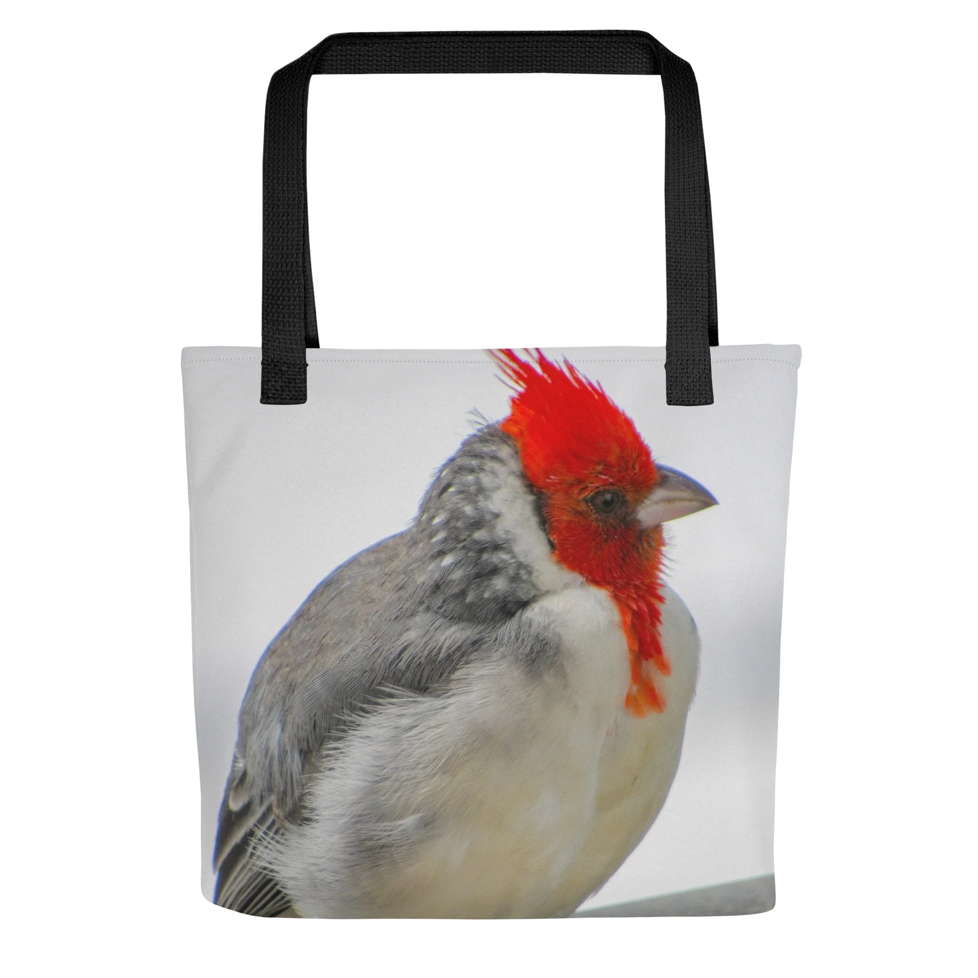 Tote bag featuring an original photograph of a Hawaiian Red Crested Cardinal- striking red hood, soft gray wings, and clean white feathers- captured in beautiful detail.