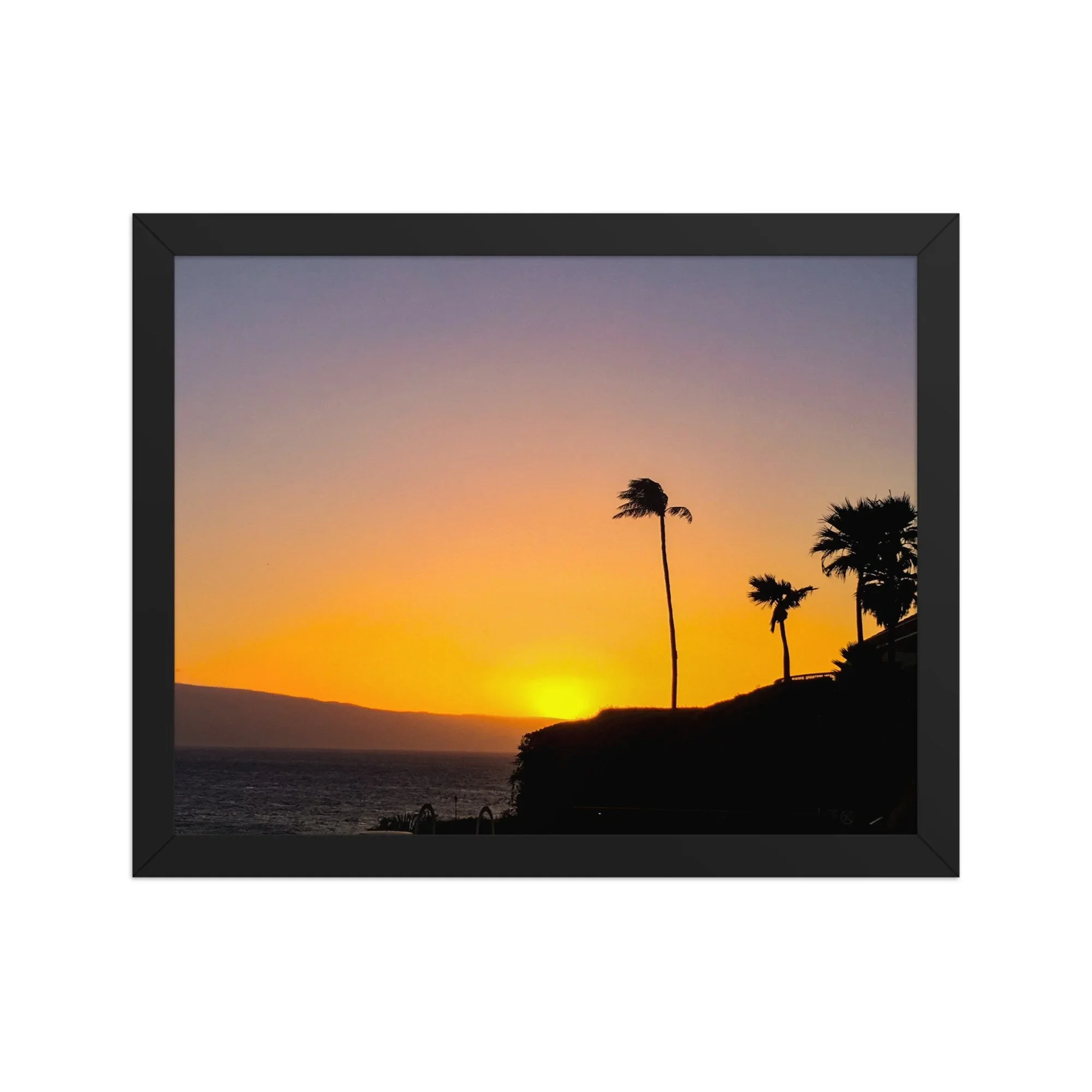Kaanapali Black Rock sunset with palm tree silhouettes glowing over the ocean, Maui coastal wall art for modern tropical living room decor