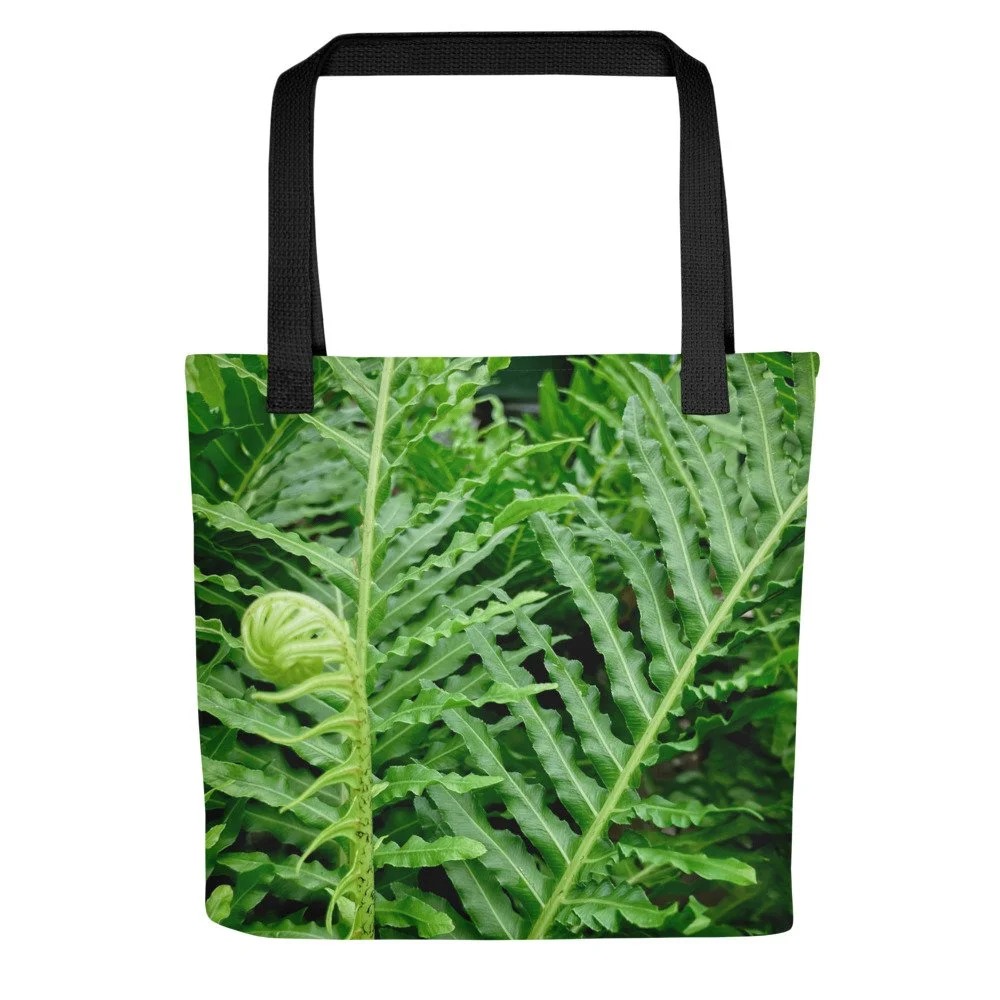 Tote bag featuring an original photograph of vibrant Hawaiian fern leaves- lush, detailed, and full of island green.