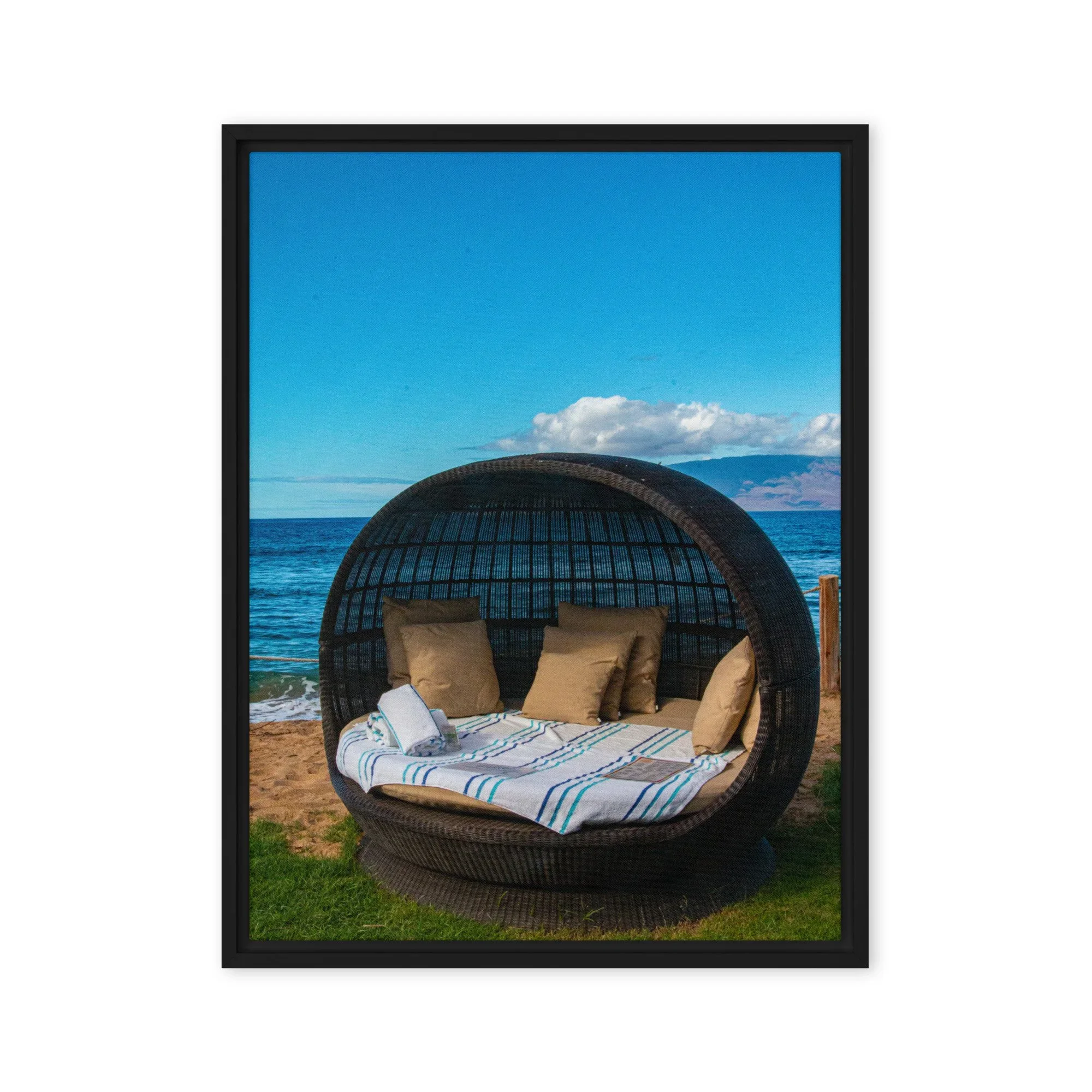 Kāʻanapali Maui wall art featuring a beachfront daybed overlooking the ocean with views of Lānaʻi, ideal for luxury coastal home decor