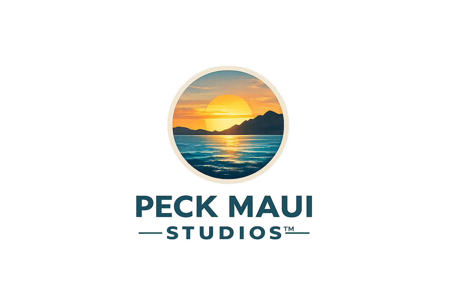 Logo for Peck Maui Studios featuring a circular image of a sunset over mountains and water, with the studio name written below.