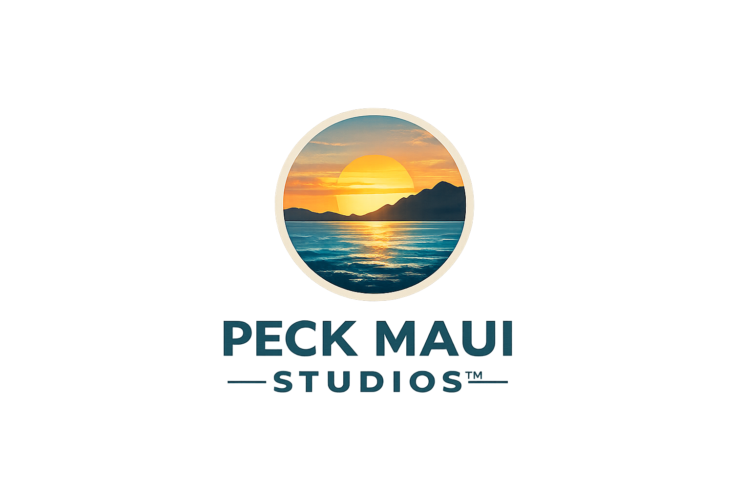 Logo for Peck Maui Studios featuring a round window with a sunset over ocean and mountains, with the studio name below.