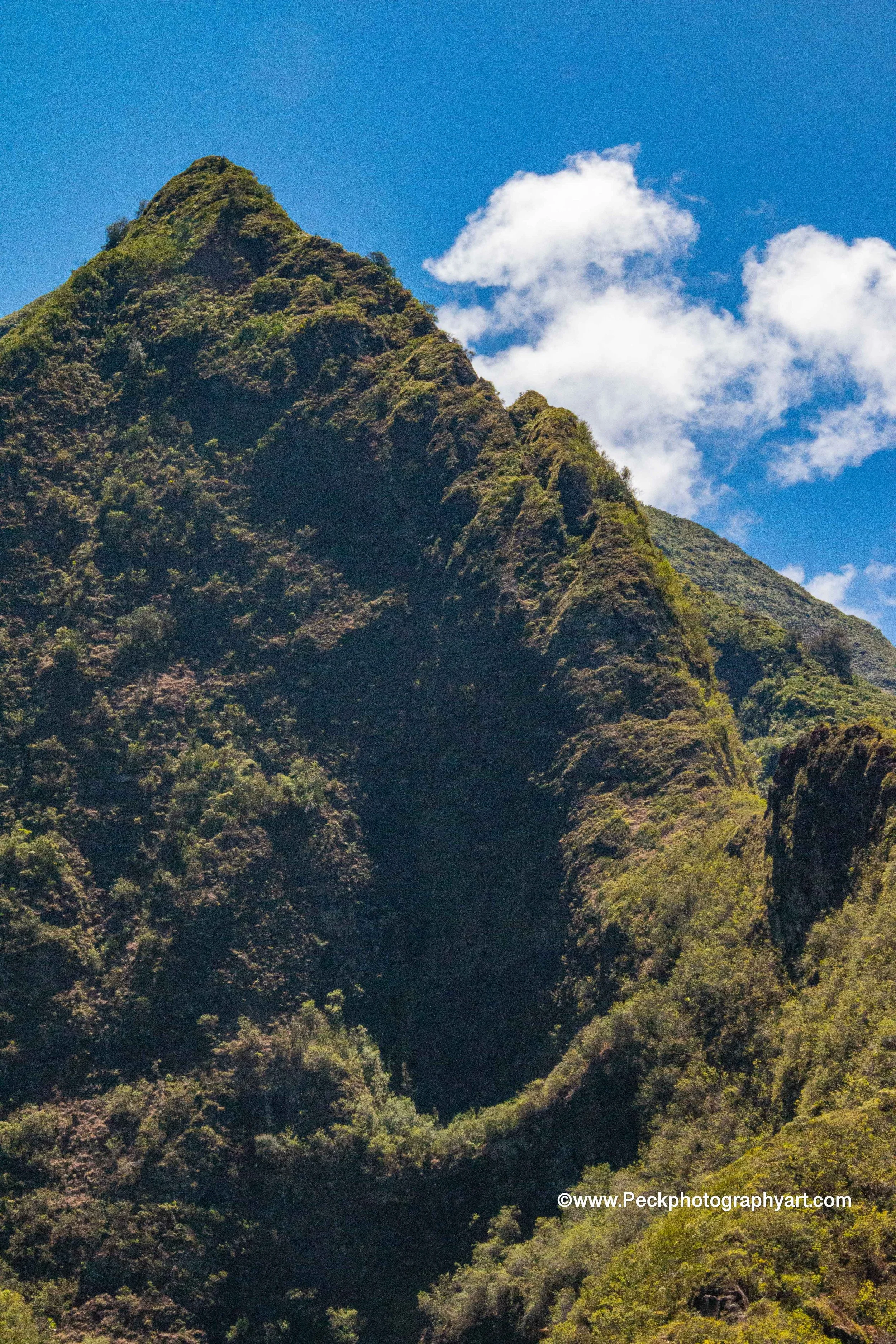 A mountain with green vegetation and a large dark cave opening, blue sky with clouds in the background.