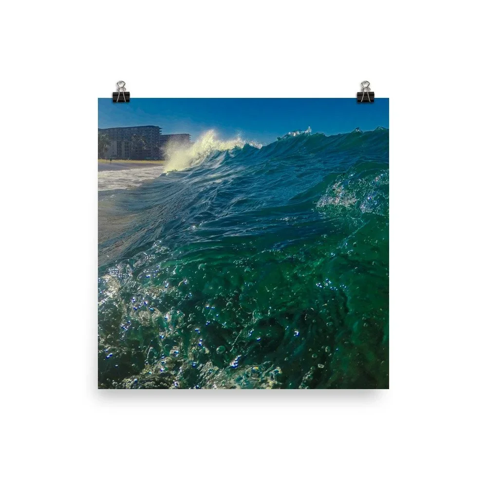 Kaanapali beach wave breaking with deep blue ocean and shoreline spray, Maui coastal wall art for modern ocean-inspired living room decor