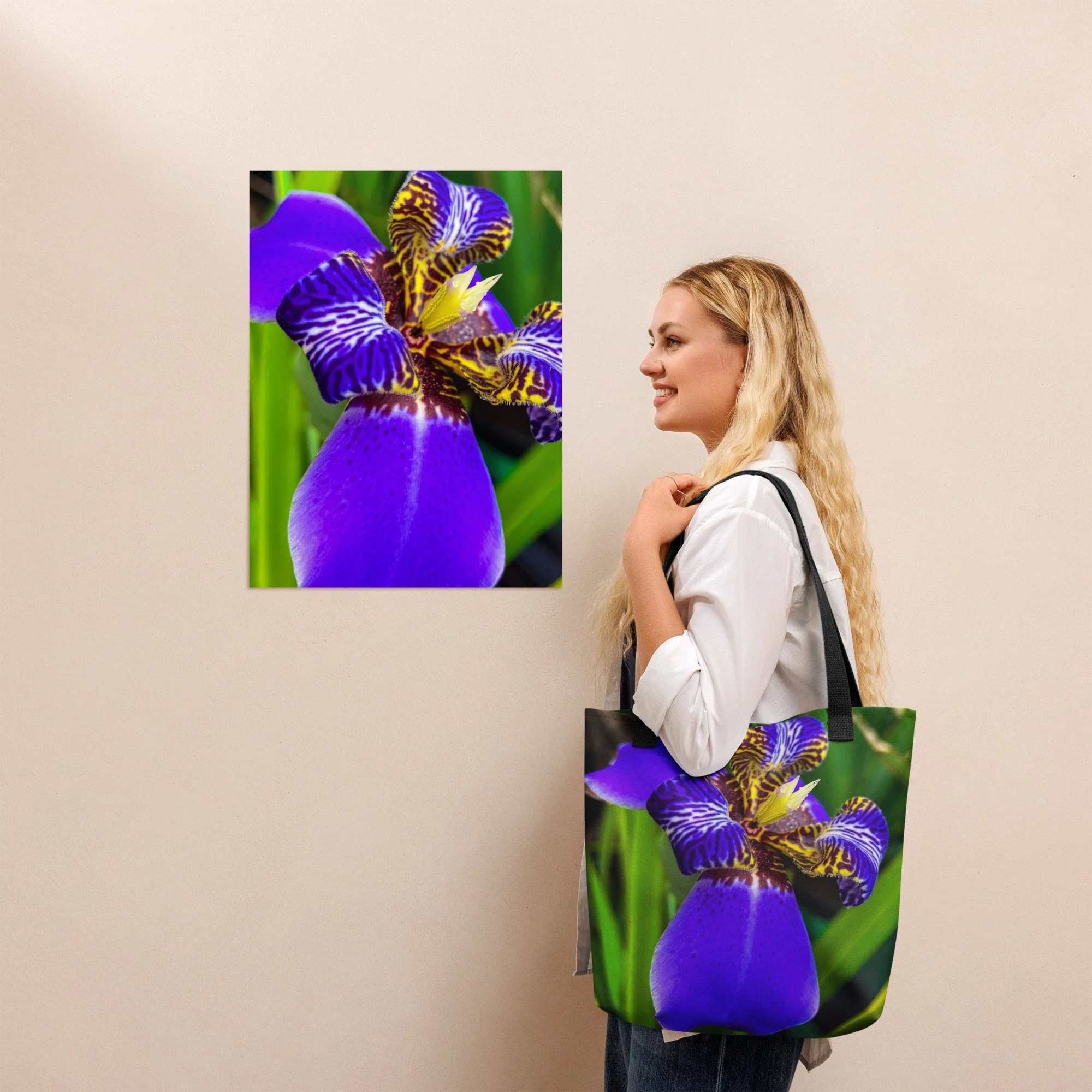A vibrant Hawaiian tote bag featuring a detailed close-up of purple and yellow iris flower petals. Lightweight, durable, and perfect for everyday use, travel, or shopping.