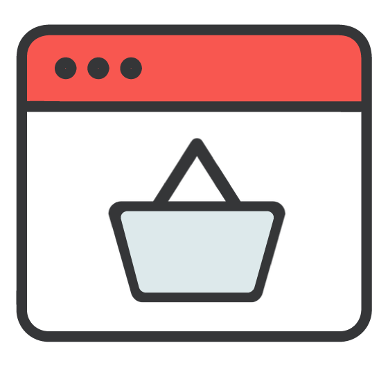 Web browser window with a shopping basket icon in the centre.