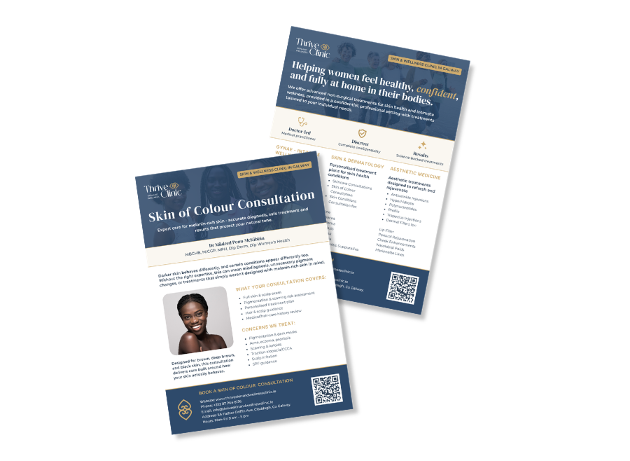 Two flyers for Thrive Clinic in Galway, promoting skin and wellness consultations, including services like skin diagnosis, treatments, and aesthetic procedures. One flyer features a smiling woman, the other contains detailed service information and a QR code.