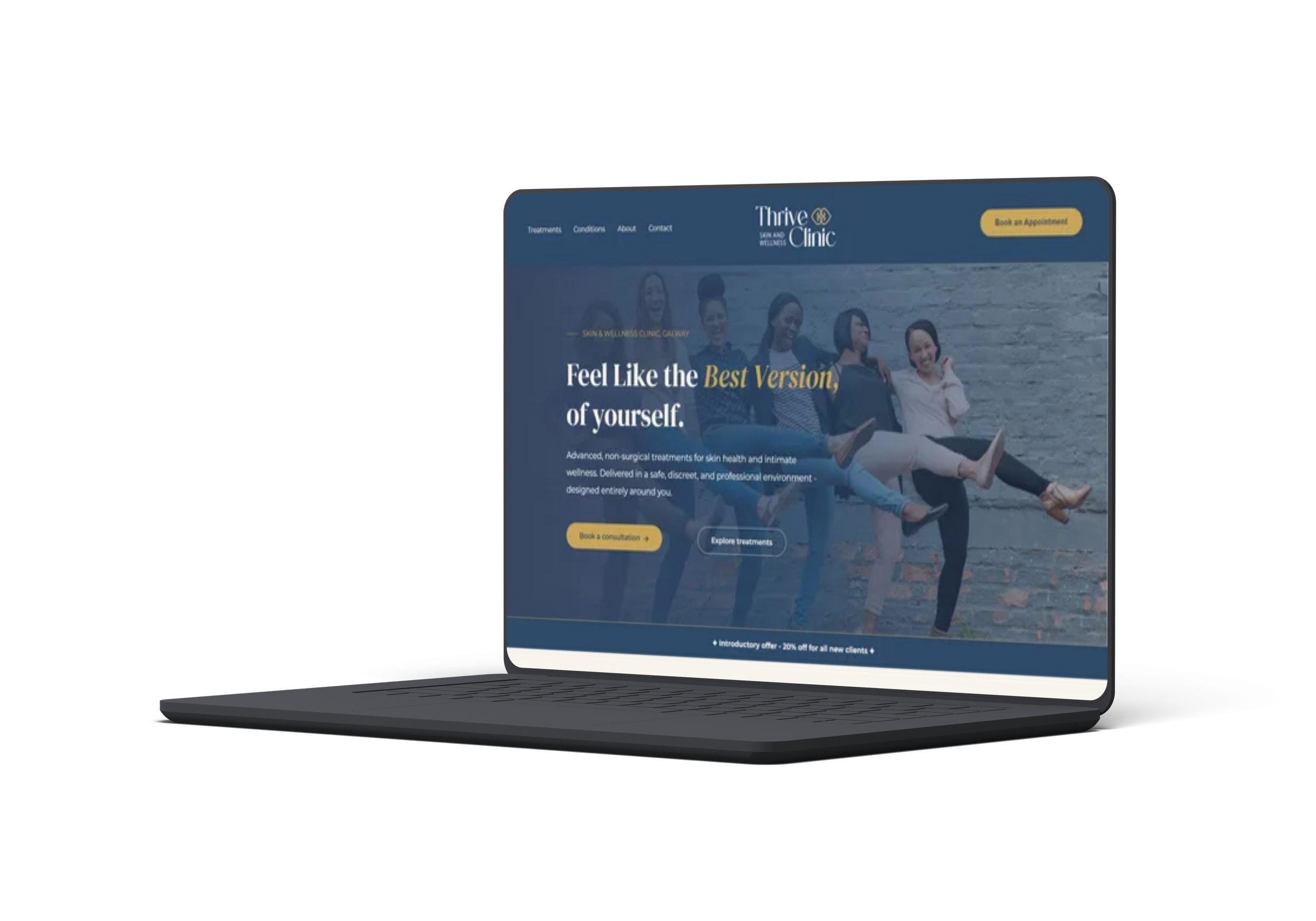 A computer screen displaying the website of Thrive Clinic, featuring a group of diverse women sitting outdoors against a brick wall, smiling and enjoying themselves.