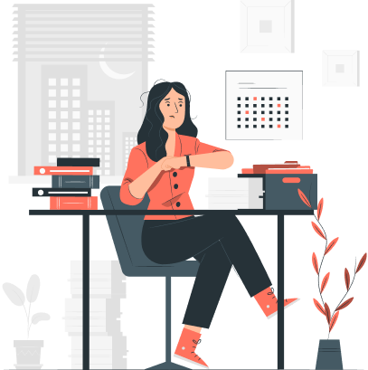 A woman sitting at a cluttered desk with office supplies, in a room with a window showing a cityscape at night, creating a busy office environment.