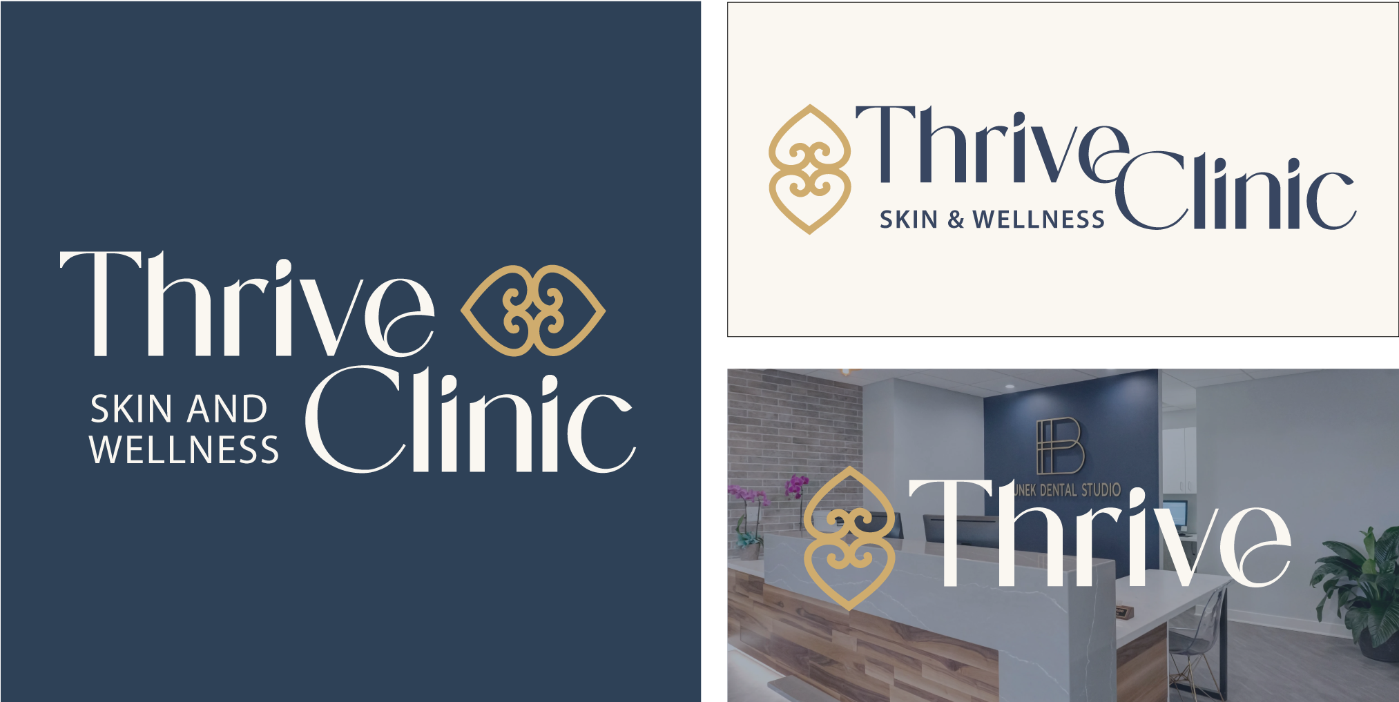 Multiple visuals of Thrive Skin & Wellness and Thrive Clinic logos, including interior images of a reception area and clinic front, with decorative elements and branding logos.