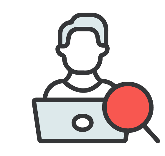 Icon of a person using a laptop and a magnifying glass.