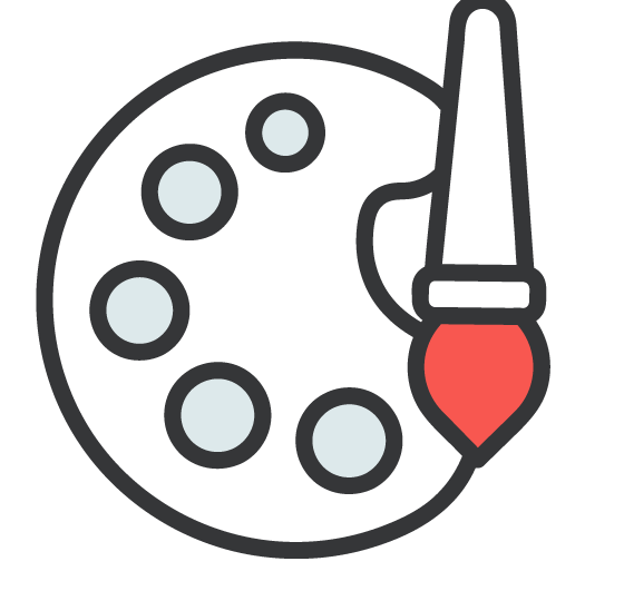 Icon of a graphic illustration of a painter's palette with a paintbrush.
