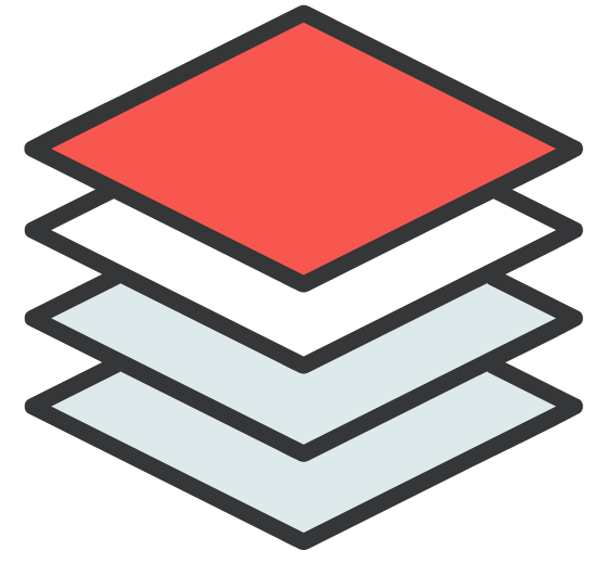 Icon of four layered isometric sheets of paper with different colours: red on top, white second and third, light blue at the bottom.