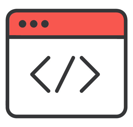 Icon of a computer window with a red top bar containing three small black dots and a black background with code brackets in the centre.