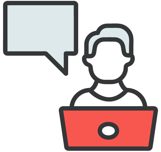 Icon of a person with a speech bubble and a laptop