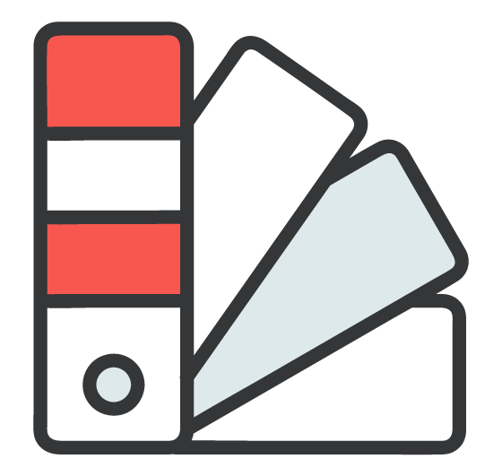 Color palette with red, black, white, and grey shades.