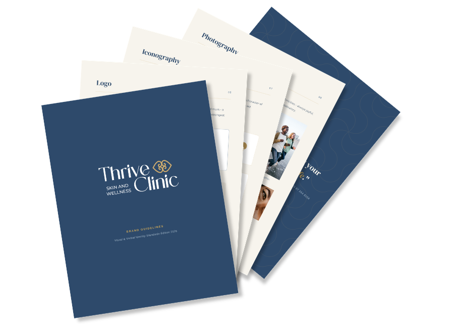 A stack of documents for Thrive Clinic, including a brand guidelines booklet and sample pages, with a dark blue theme and white text.