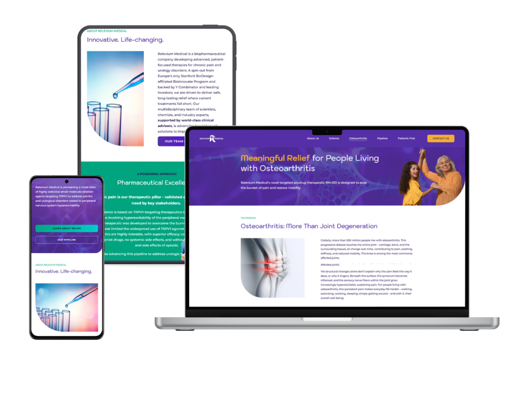 Laptop, tablet and phone mockups of Relevium Medical's website
