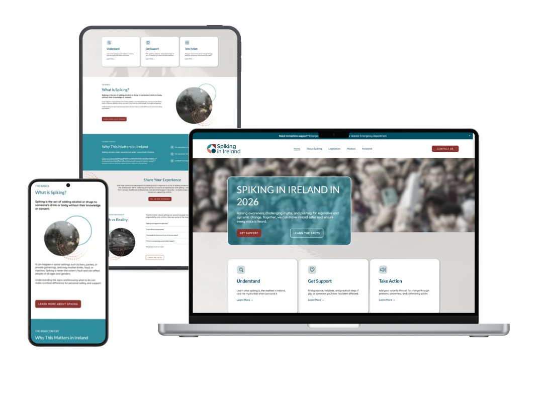 Mockups of Spiking in Ireland's homepage of their website on Laptop, mobile and tablet