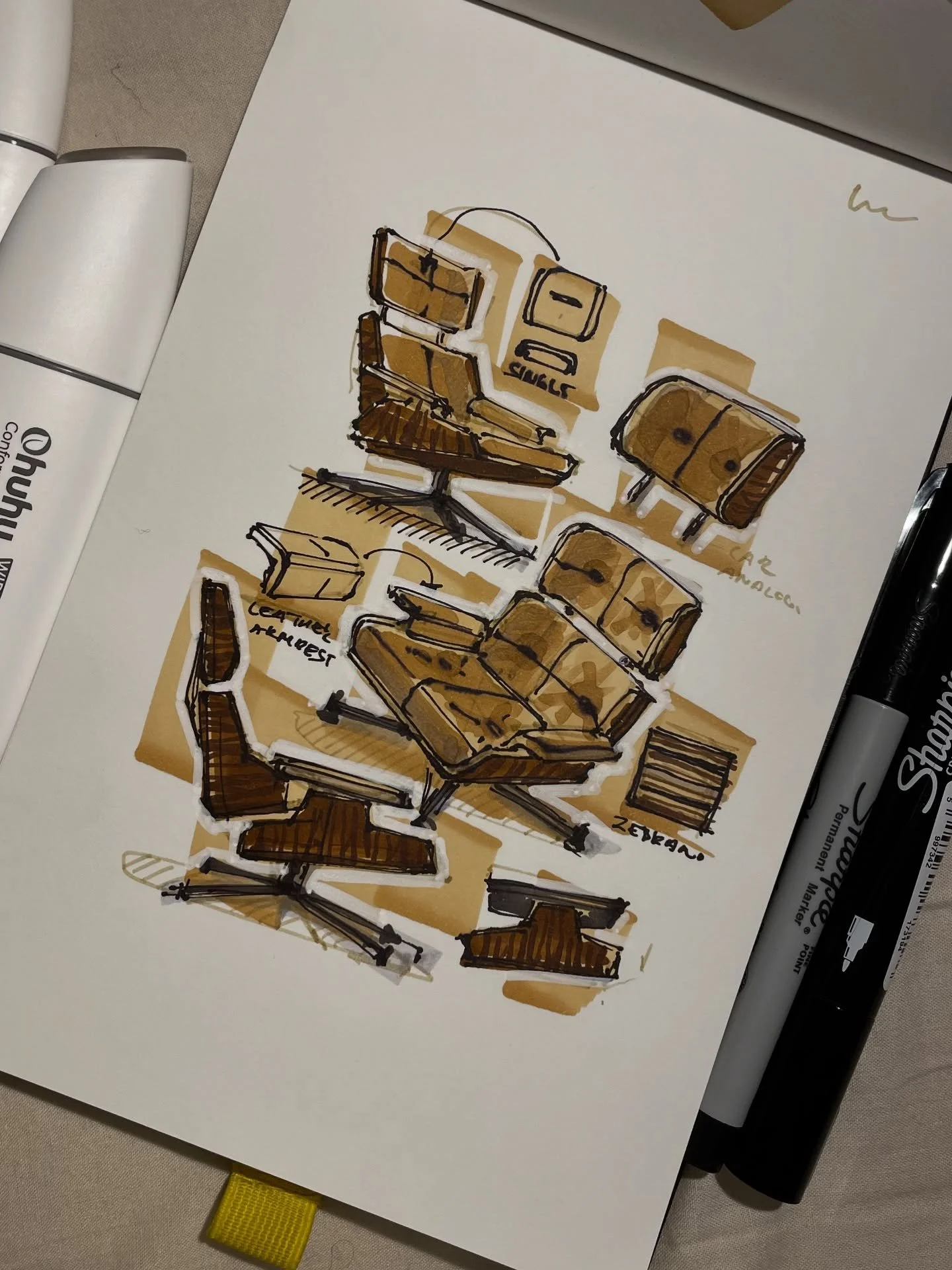 Day 13 of @productober_  Eames. A quick before-bed sketch of one of the most iconic lounge chairs ever made. 

#productober #inktober #inktober2025 #designsketching #industrialdesign #productdesign #sketchbook #markersketch #eameschair #midcenturydes