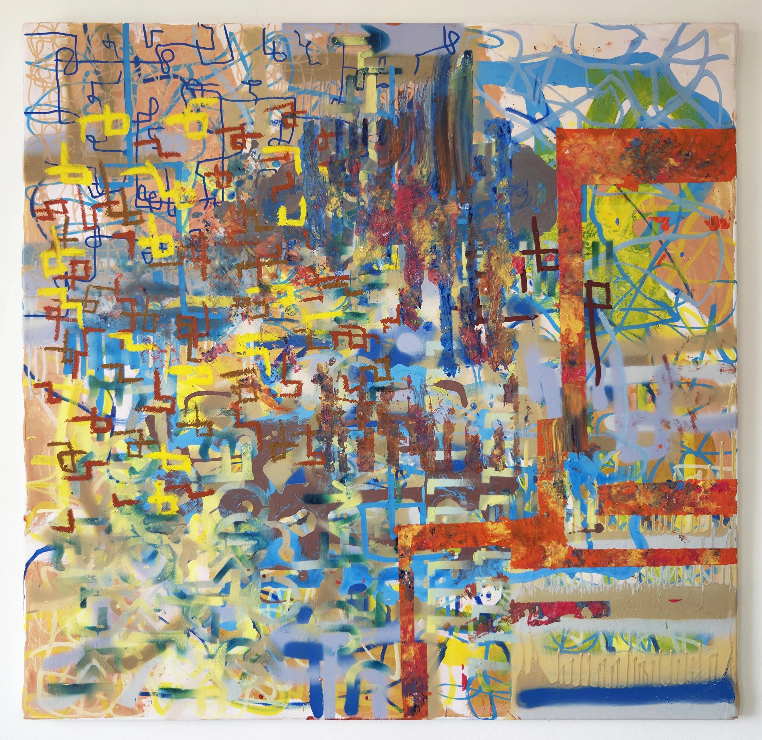 Chaos in Pale Light
2026
oil paint, oil pastel, acrylic paint, spray paint, paint marker on canvas, 100 x 100 cm