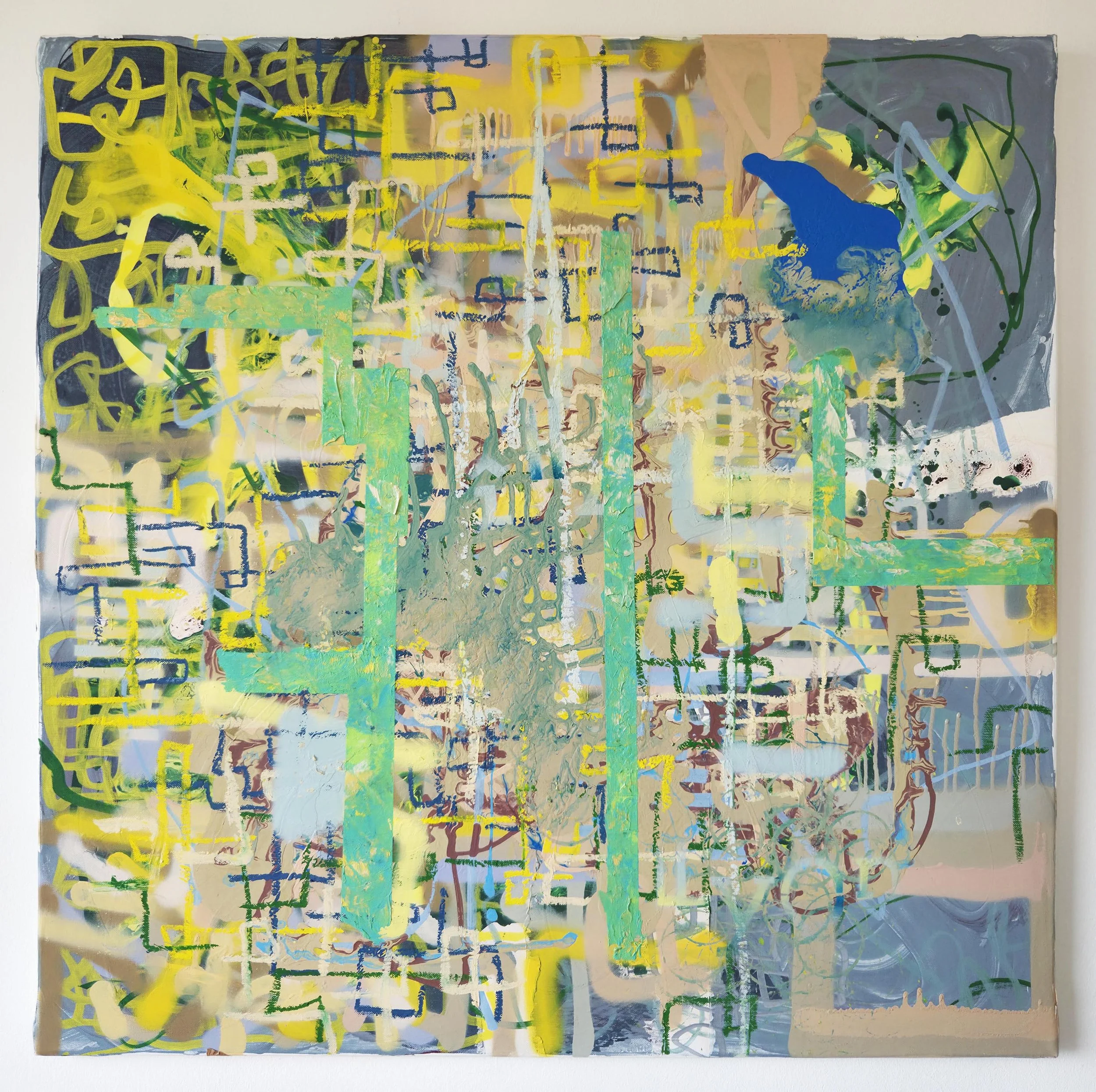 Where Silence Fractures
2026
oil paint, oil pastel, acrylic paint, spray paint, paint marker on canvas, 100 x 100 cm