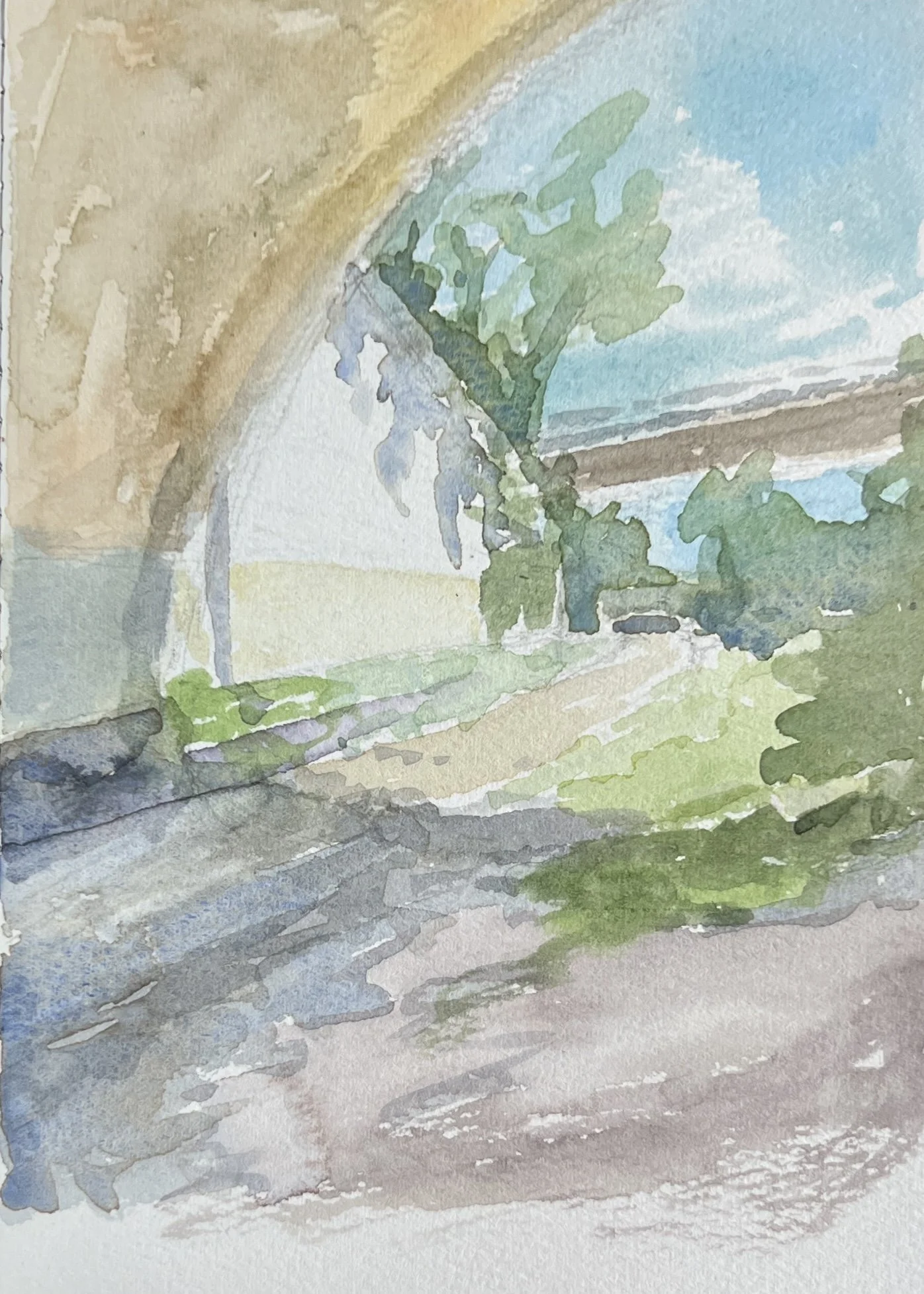 Watercolor painting under an overpass on a sunny day.