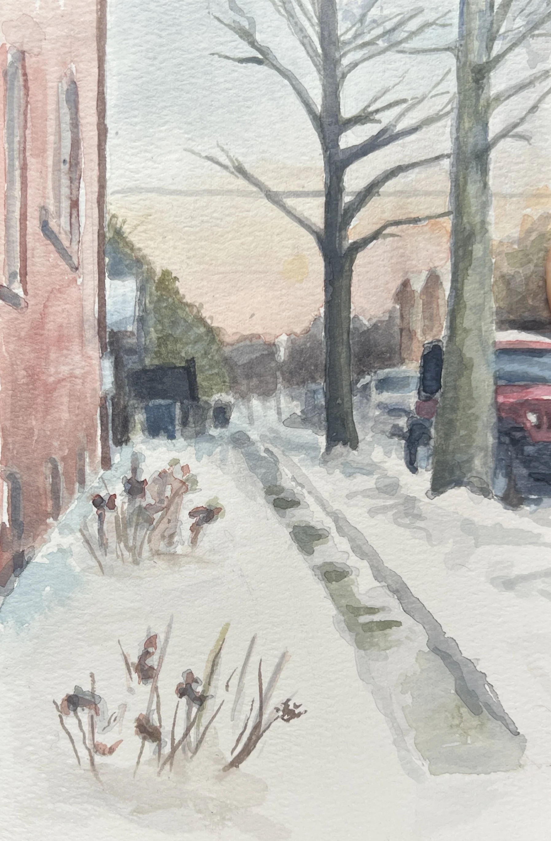 A watercolor painting of a winter scene with leafless trees, snow-covered ground, a building on the left, and a few people walking in the distance.
