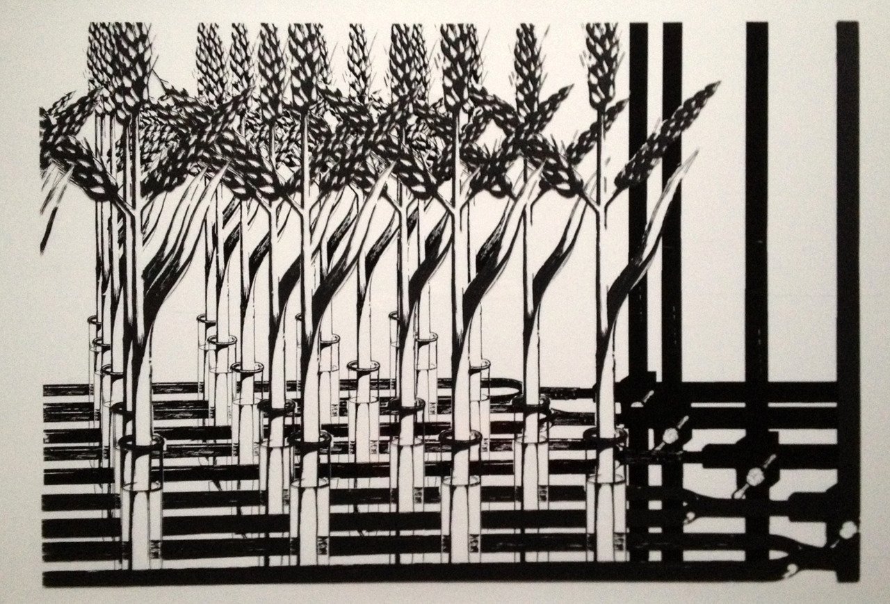 Black and white illustration of wheat stalks with barcodes in the background.