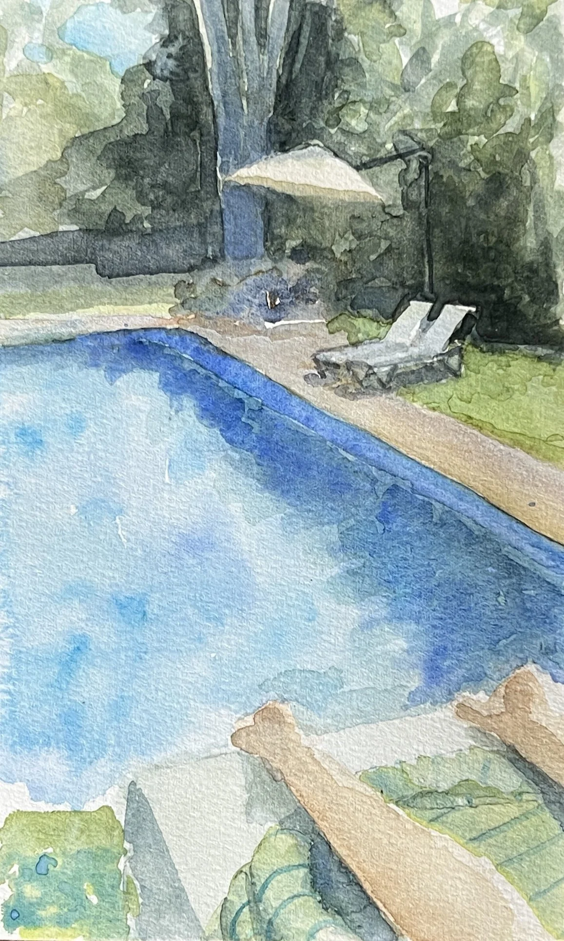 Watercolor painting of a backyard scene featuring a swimming pool, a patio umbrella, a lounge chair, and lush greenery surrounding the area.