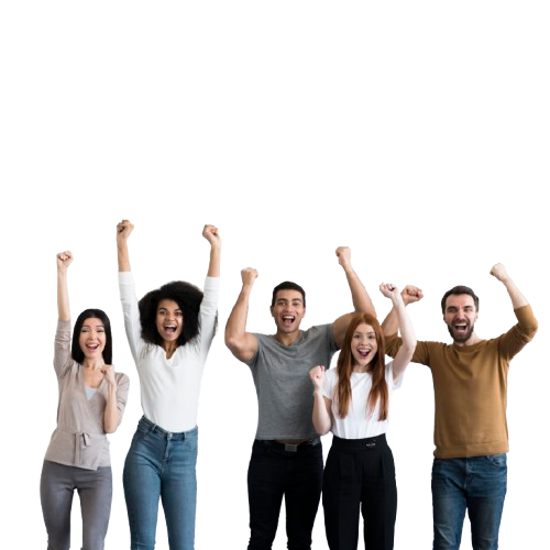 Group of five diverse young adults celebrating with raised fists and smiling in front of a white background.