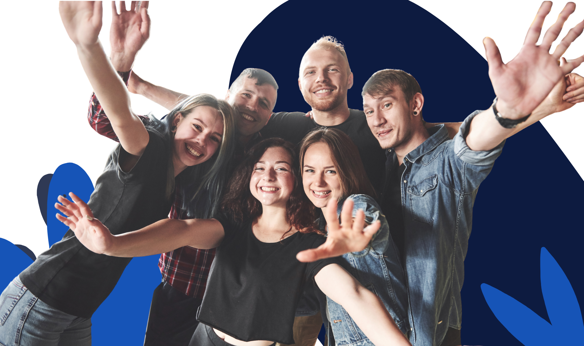 A group of six young people smiling and taking a selfie together, with some waving or making gestures, against a dark background with blue shapes.