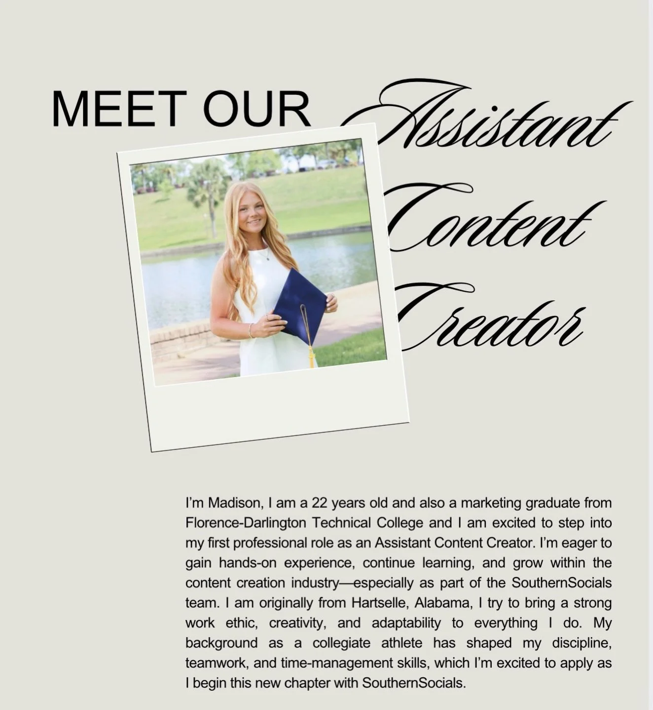 Excited to share and welcome, Madison to the Southern Socials team! 🤍 we can&rsquo;t wait to work with you and watch you shine on the marketing side of things!