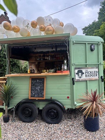 Mint green mobile drink stand with balloons on top, chalkboard menu, and two potted plants in front. Sign reads 'The Pickled Badger'.