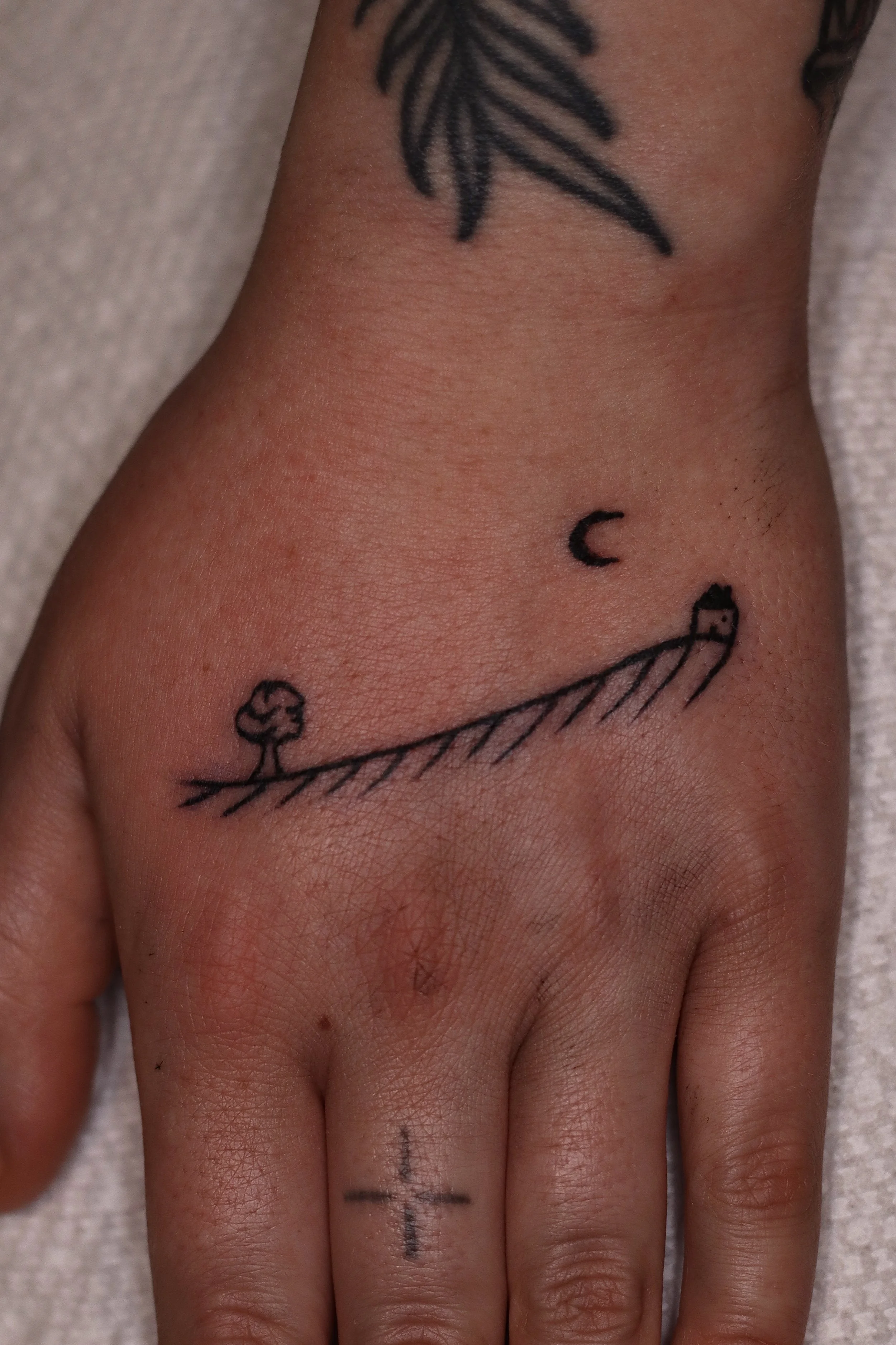 Simple tattoo of a house and tree on a hand