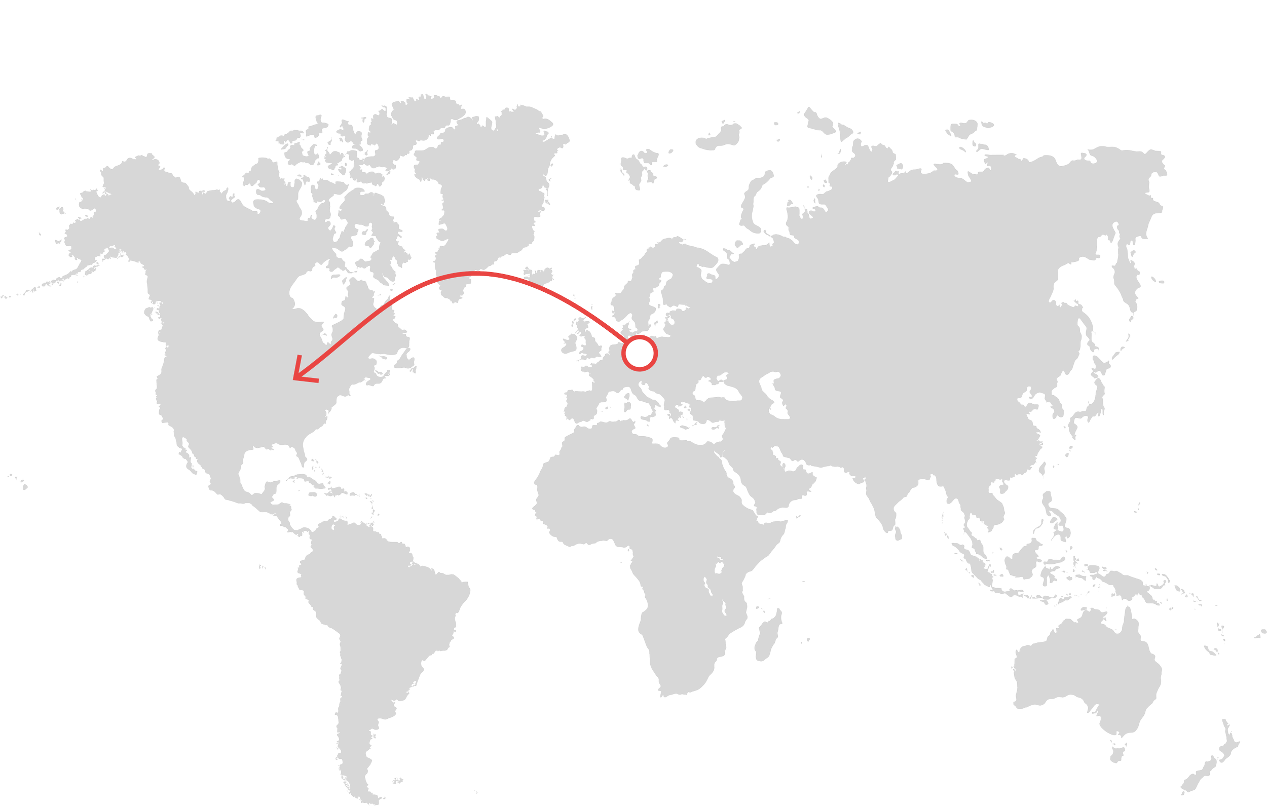 World map showing a flight route from New York, USA to Paris, France with a red arrow.