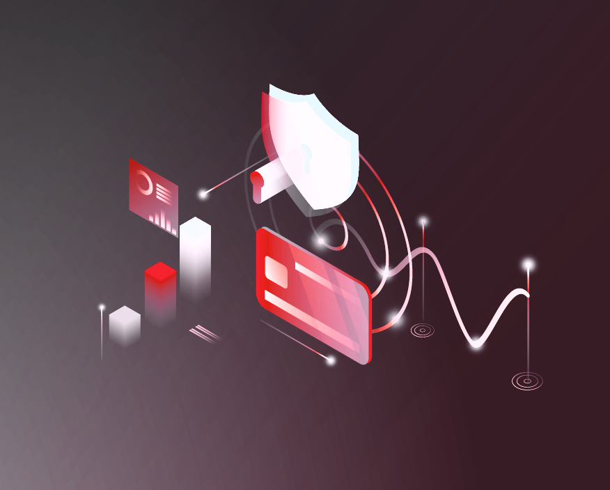 Digital illustration of cybersecurity concept with a shield, a security camera, a credit card, and data charts connected by lines on a dark background.