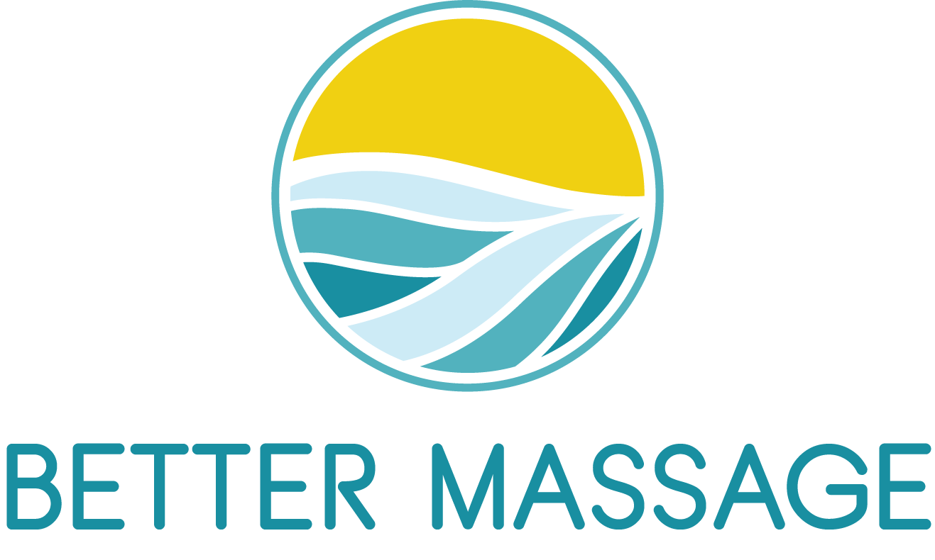 Logo of Better Massage featuring a circular illustration of a yellow sun, blue water, and stylized waves, with 'BETTER MASSAGE' written beneath.