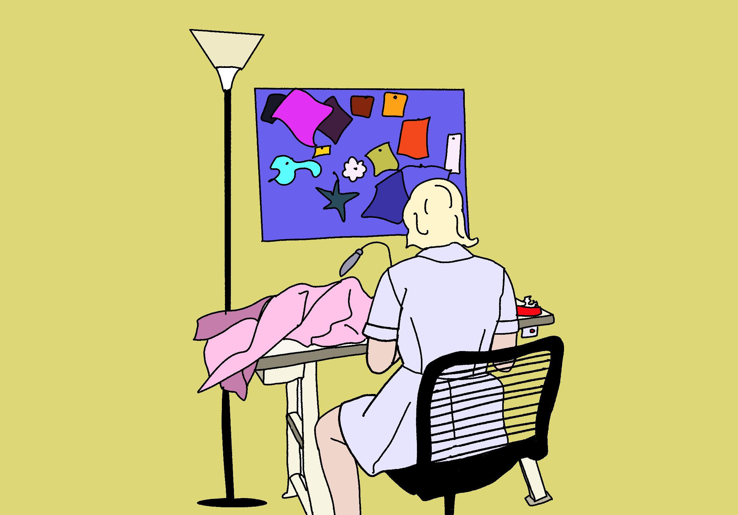A person sitting at a sewing machine, working on some sort of pink garment. 