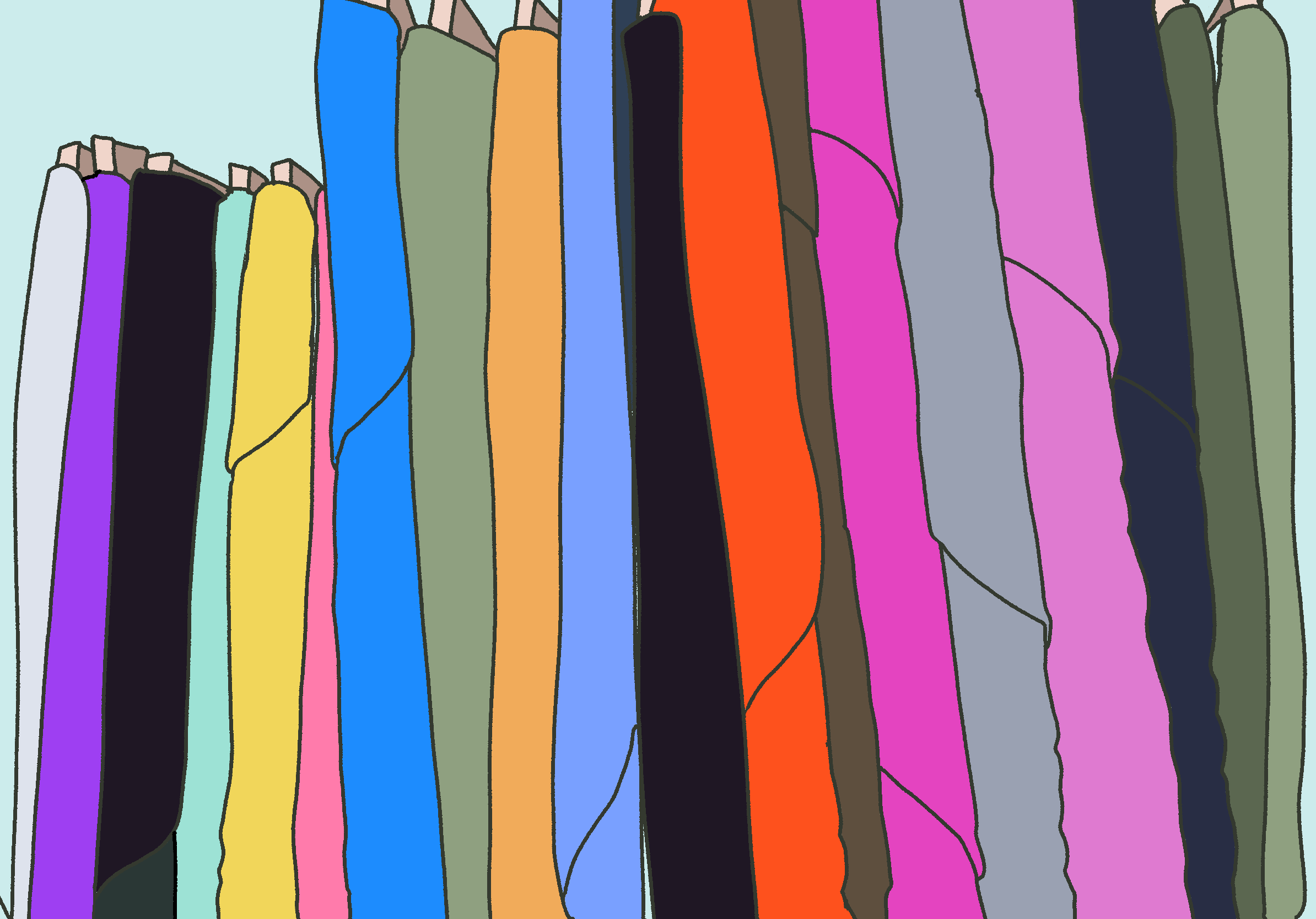 A digital illustration of a row of various colored bolts of fabric. 