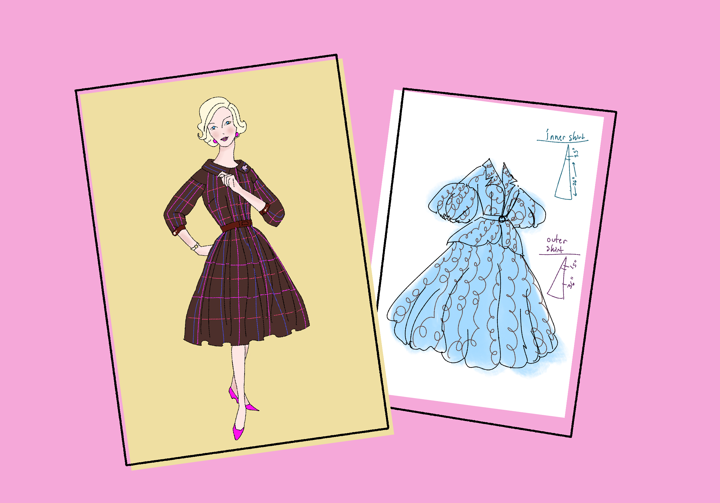 Digital fashion illustration showing a woman in a plaid dress with side pockets, pink high heels, and earrings, next to a sketch of a similar dress design with notes about inner and outer skirts.