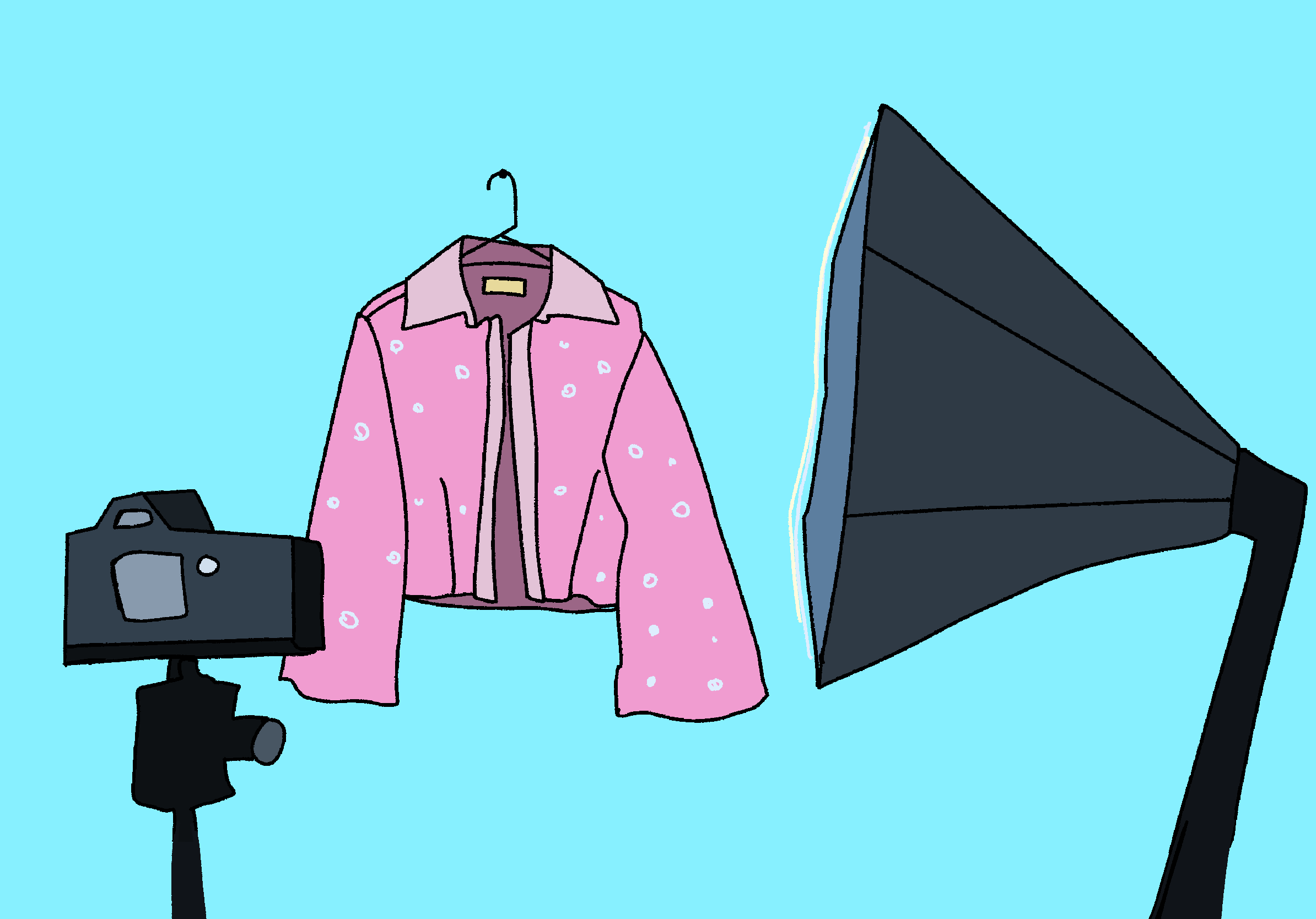 Drawing of a pink jacket with white polka dots hanging on a hanger beside a camera and a television monitor against a blue background.