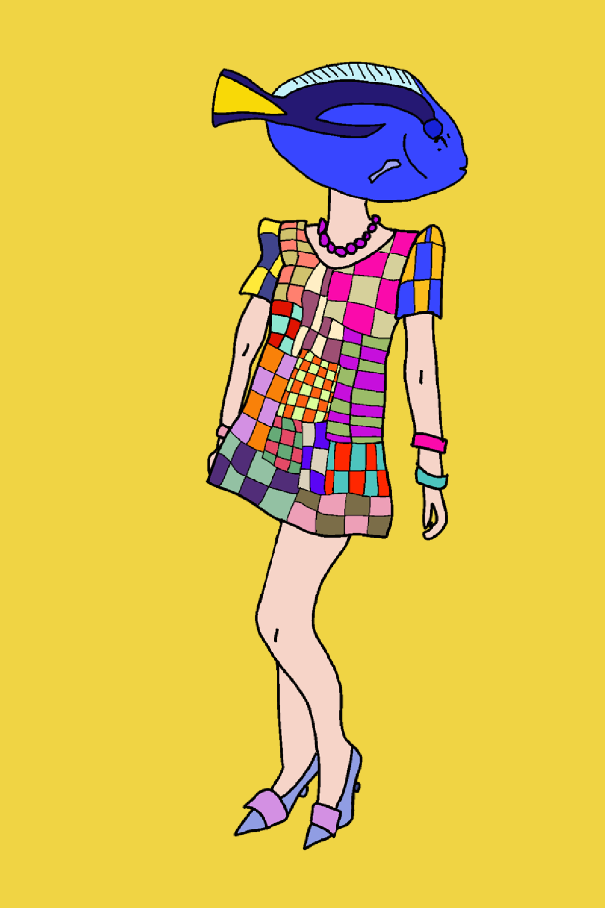 Stylized illustration of a human figure with a fish head, wearing a colorful patchwork dress and accessories, standing against a yellow background.