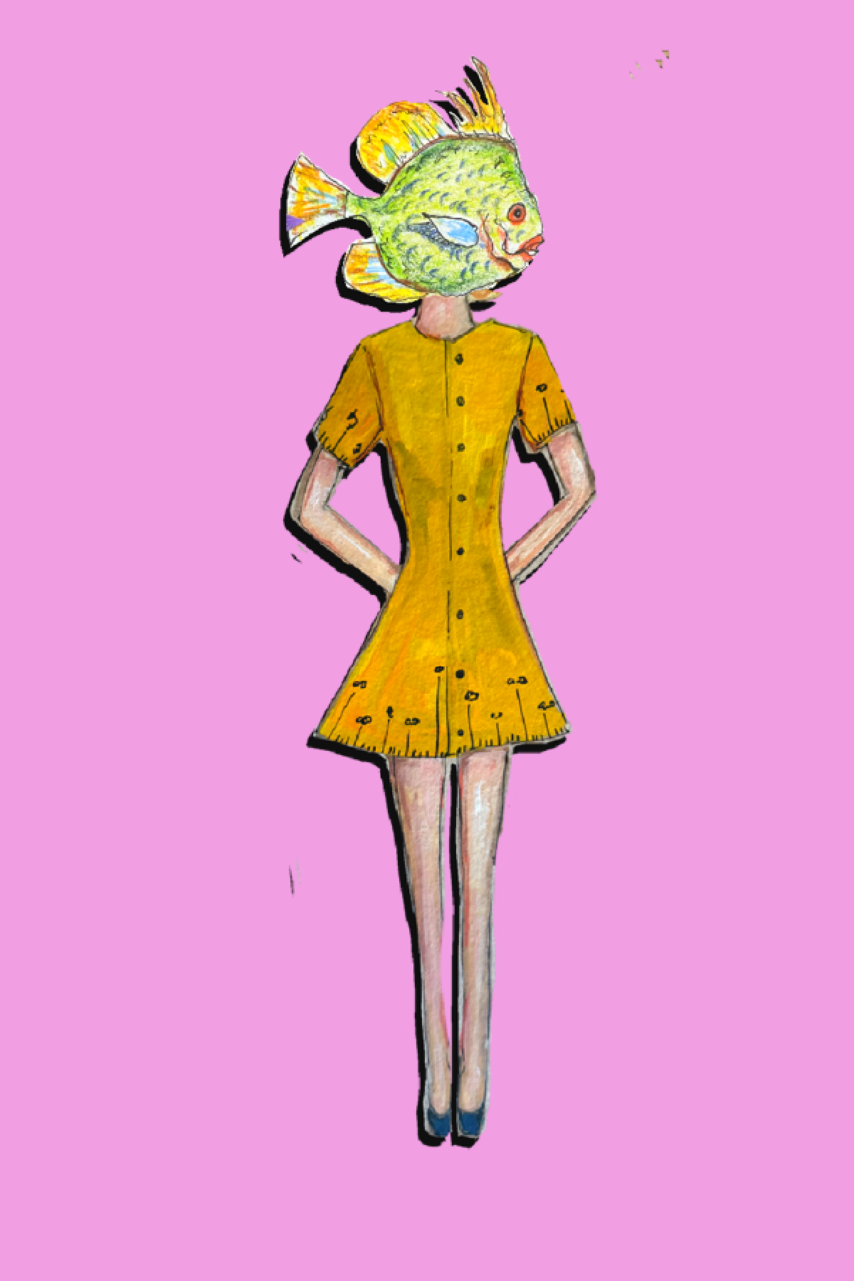 A drawing of a person with a fish head, wearing a yellow dress, standing against a pink background.