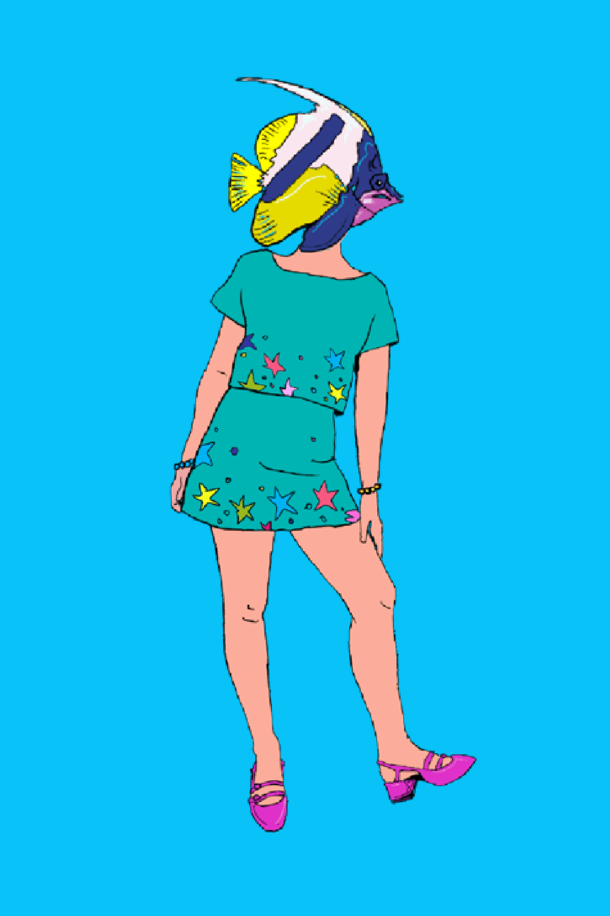 A person wearing a fish mask and teal clothing with star patterns, and pink shoes, standing against a blue background.
